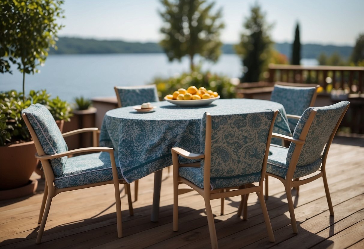 A patio table and chairs covered with durable, weather-resistant outdoor furniture covers