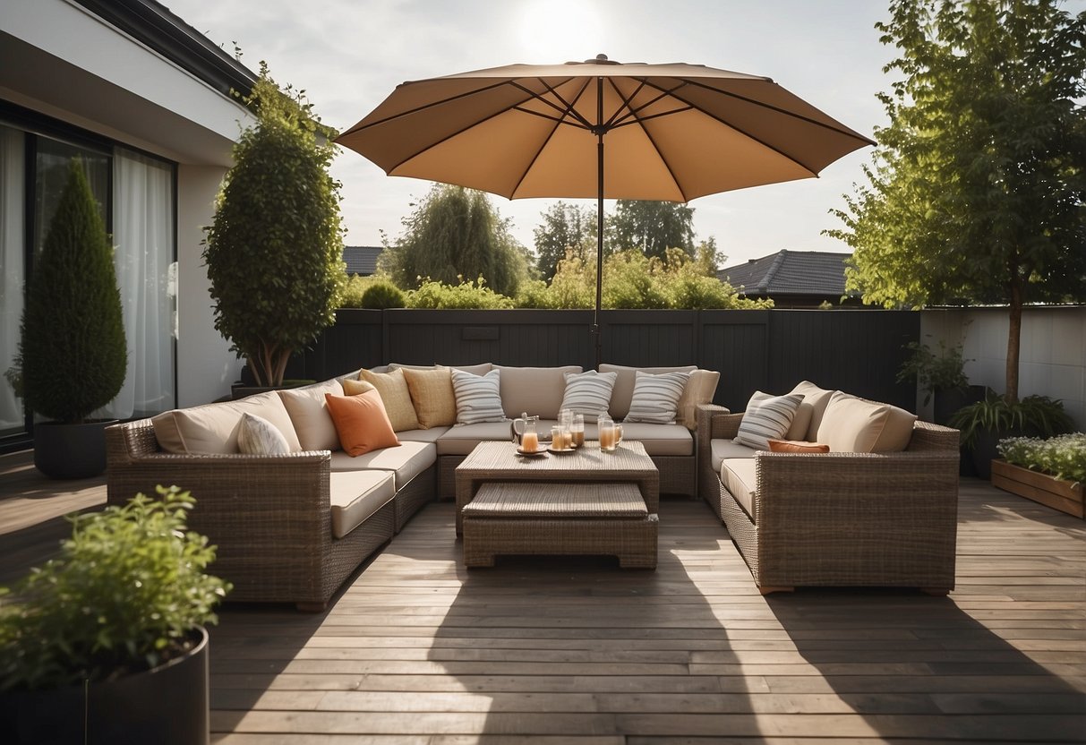 A patio with a set of outdoor furniture covered with high-quality, weather-resistant covers. The covers are snugly fitted and protect the furniture from rain and sun damage