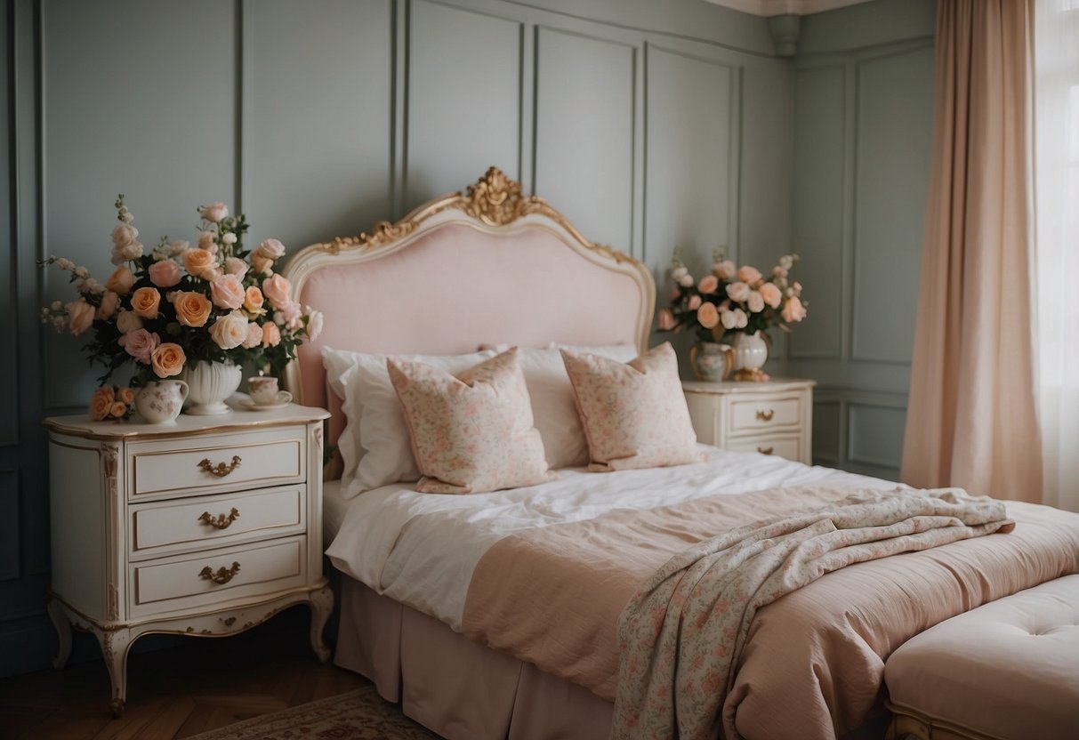 A cozy bedroom with elegant French provincial furniture, including a ornate bed, vintage dresser, and floral upholstery. Soft lighting and pastel colors create a serene atmosphere