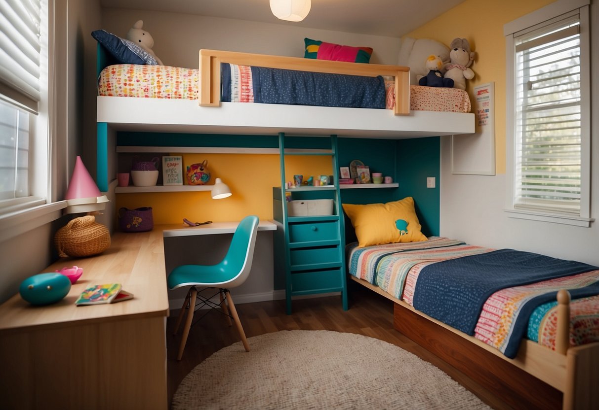 A small, cozy bedroom with a bunk bed, compact desk, and storage bins. Bright colors and playful patterns adorn the furniture, creating a cheerful and inviting space for children
