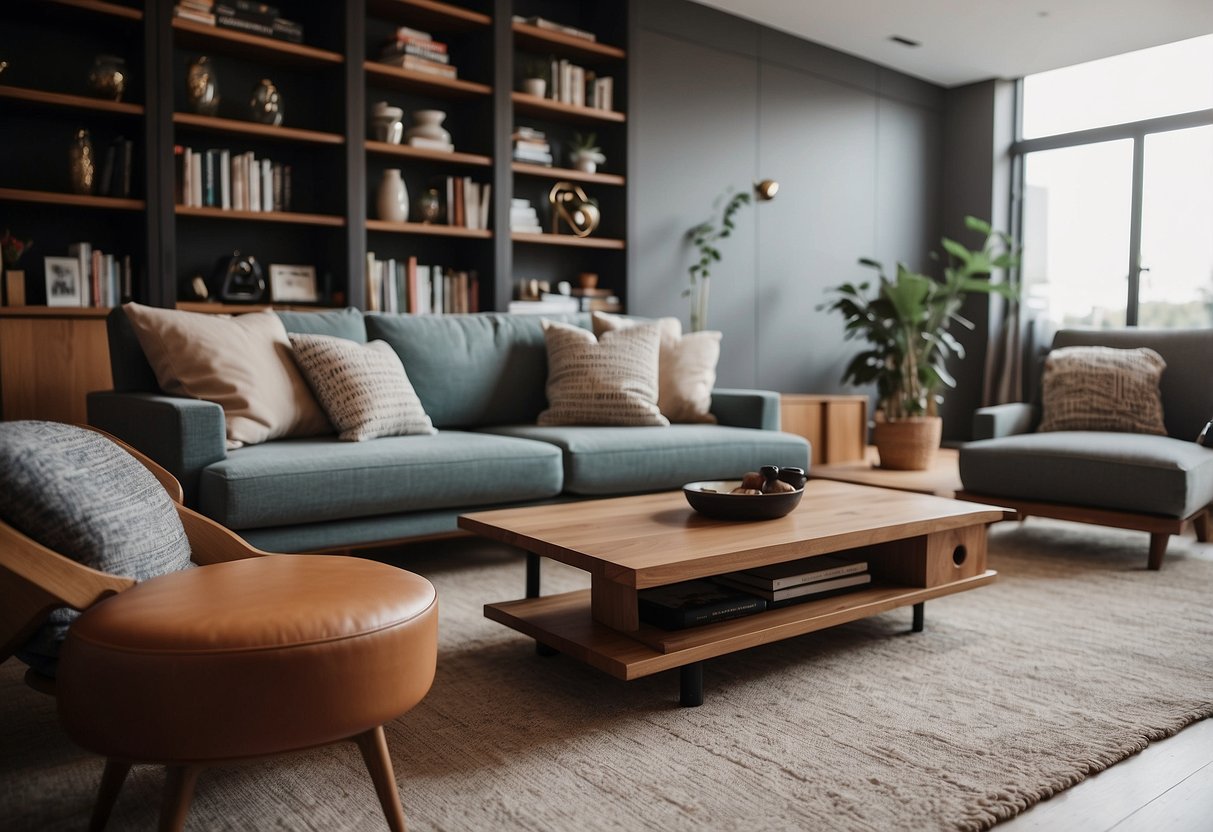 A cozy living room with unique custom furniture, including a handcrafted wooden coffee table, a plush upholstered sofa, and a sleek modern bookshelf