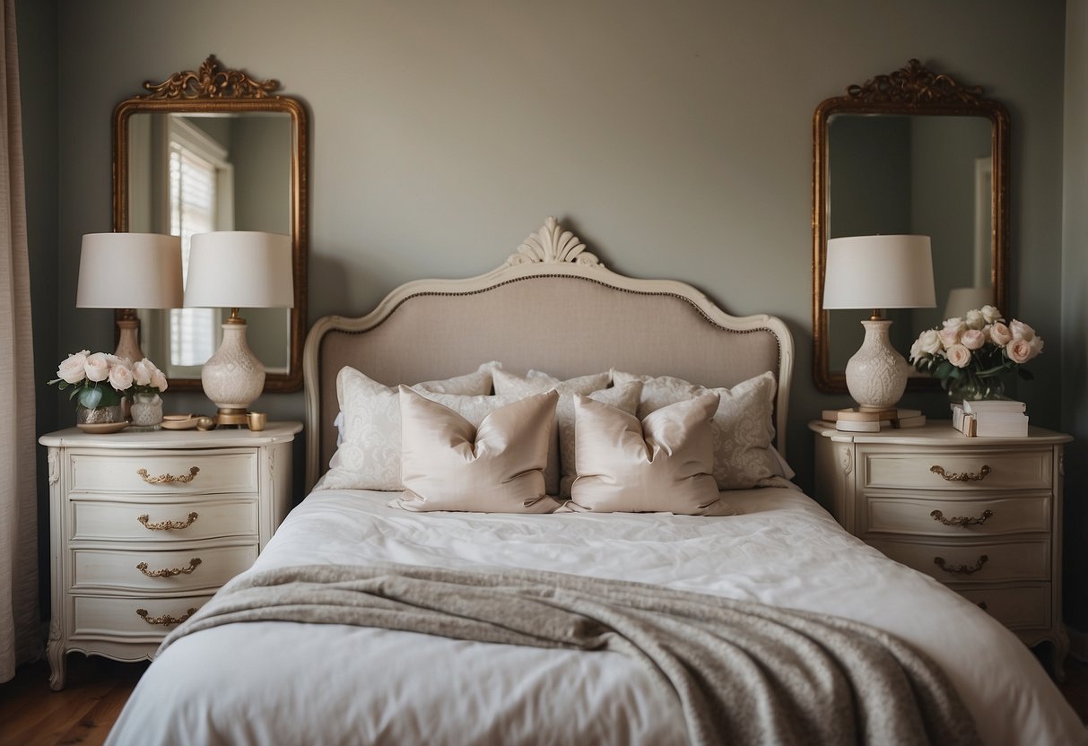 A cozy bedroom with ornate, vintage French provincial furniture, including a bed, dresser, and nightstand. Soft, muted colors and delicate details create a serene atmosphere