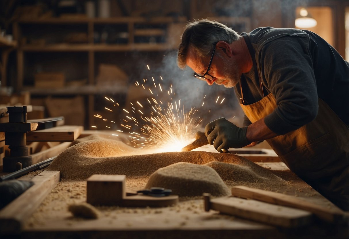 A workshop filled with tools and materials for crafting custom furniture. Sawdust fills the air as a craftsman works on a unique piece