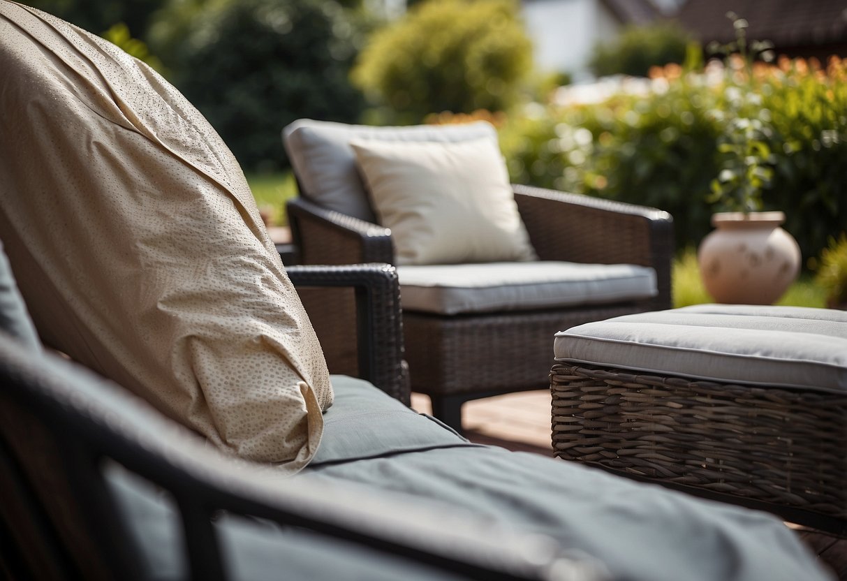 A patio set covered with durable, weather-resistant furniture covers, protecting it from rain and sun damage