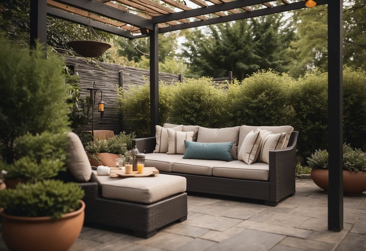 A patio with various types of outdoor furniture covered with protective, weather-resistant covers