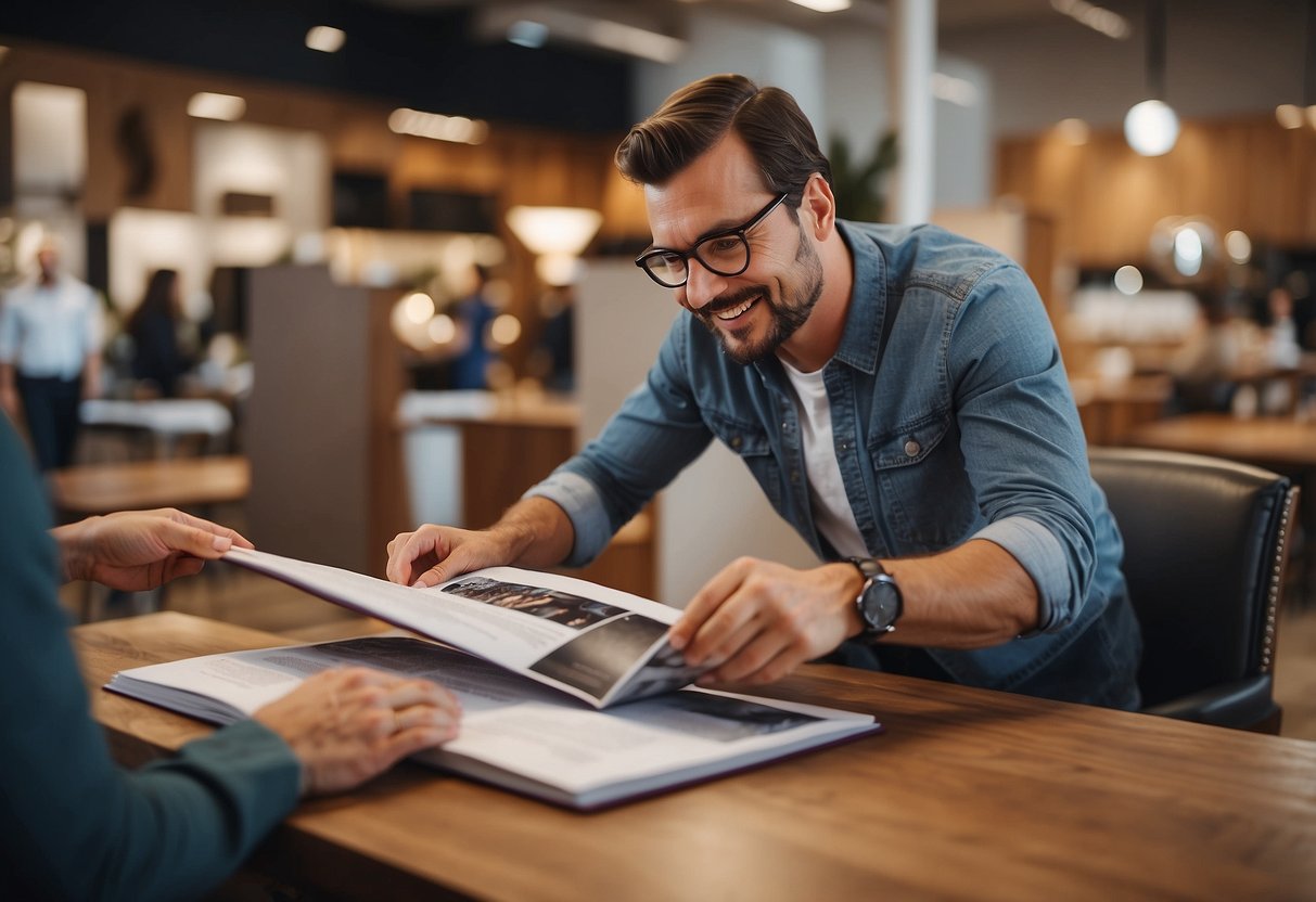 A customer browsing through a catalog of custom furniture, with a helpful salesperson nearby answering questions