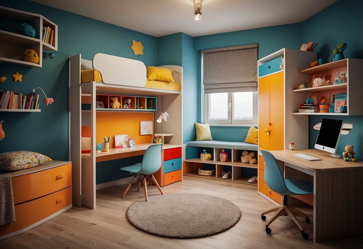 A small children's bedroom with multi-functional furniture, like bunk beds with built-in storage and a fold-out desk, adorned with colorful and playful decor