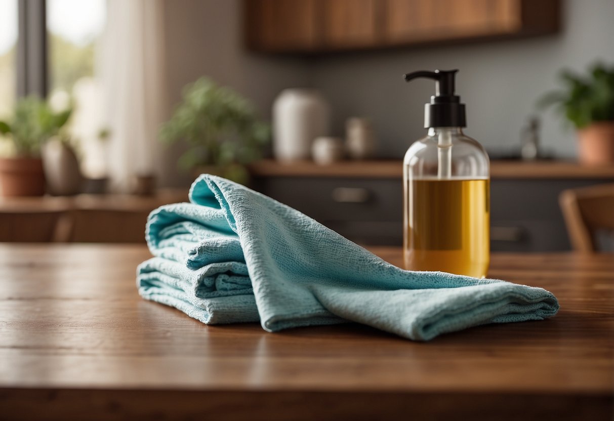 A cloth wipes teak furniture with vinegar, removing dirt and restoring its natural shine