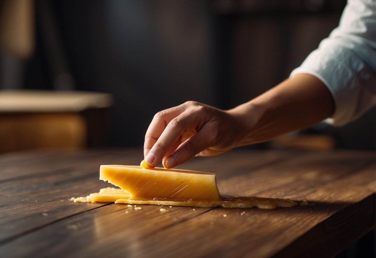 A wooden table is being polished with beeswax, enhancing its natural shine and protecting it from wear and tear