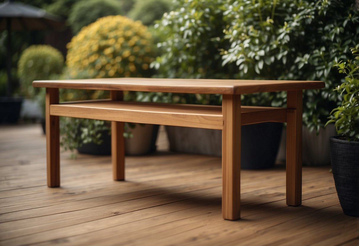 Teak furniture placed outdoors, wiped down with vinegar solution, ready for cleaning