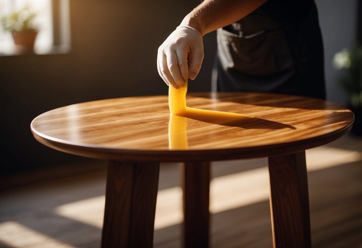 A wooden table is being polished with homemade beeswax furniture polish, giving it a rich, glossy sheen. The warm, natural scent of beeswax fills the air