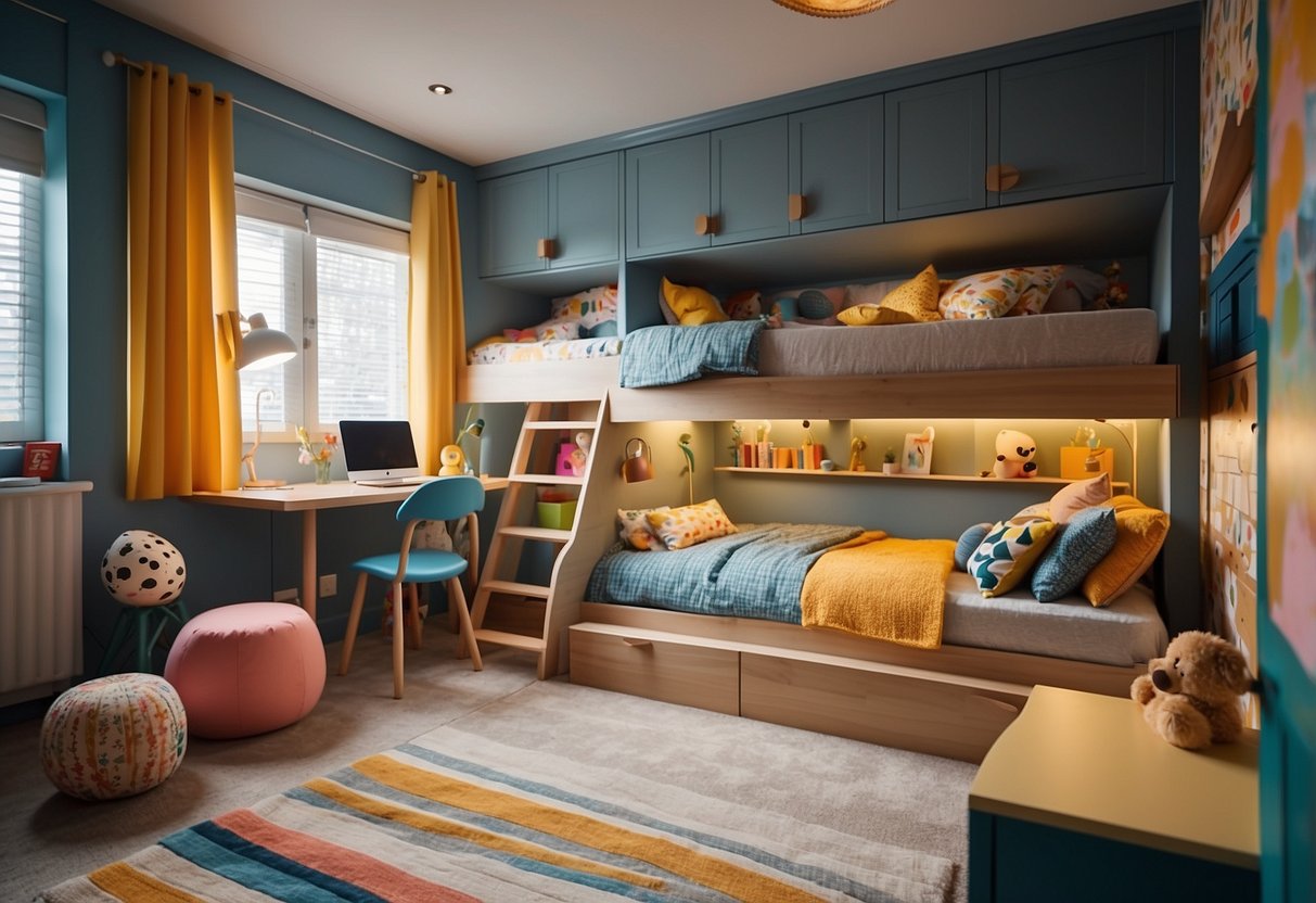 A cozy, compact children's bedroom with a bunk bed, built-in storage, and a small study area. Bright colors and playful patterns create a fun and inviting atmosphere