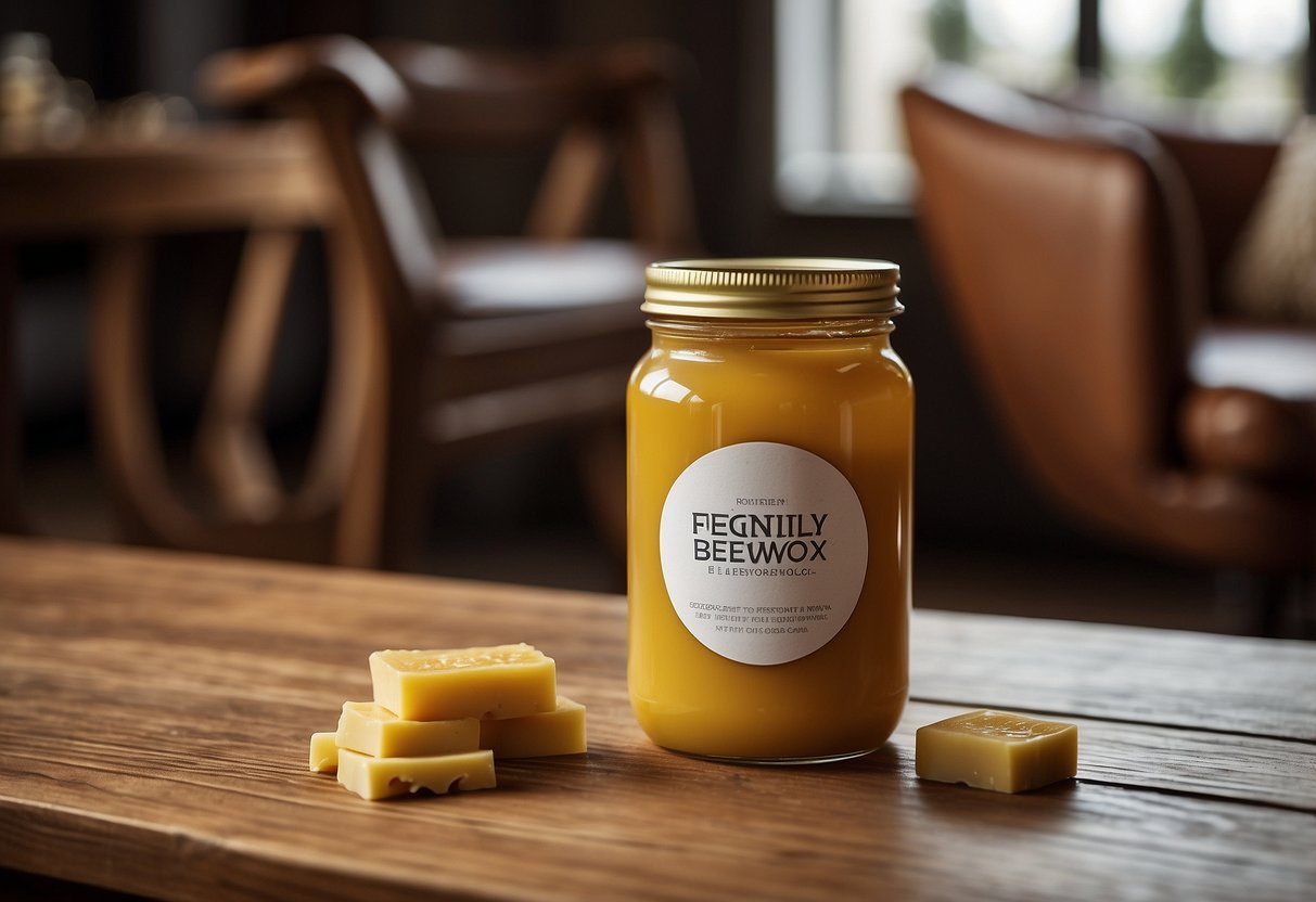 A jar of beeswax sits on a wooden table, surrounded by various pieces of furniture. A label reads "Frequently Asked Questions" in bold letters