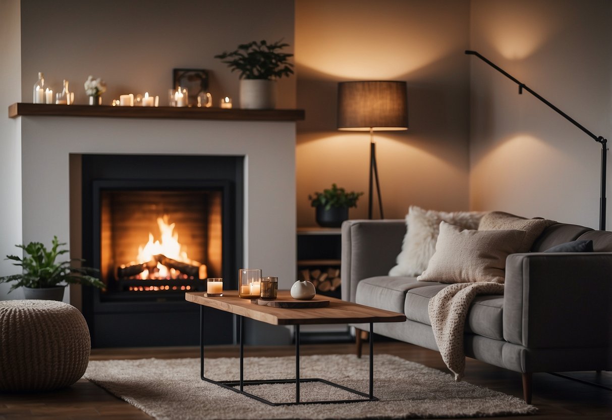 A cozy living room with a plush sofa, soft throw pillows, a warm area rug, and a glowing fireplace