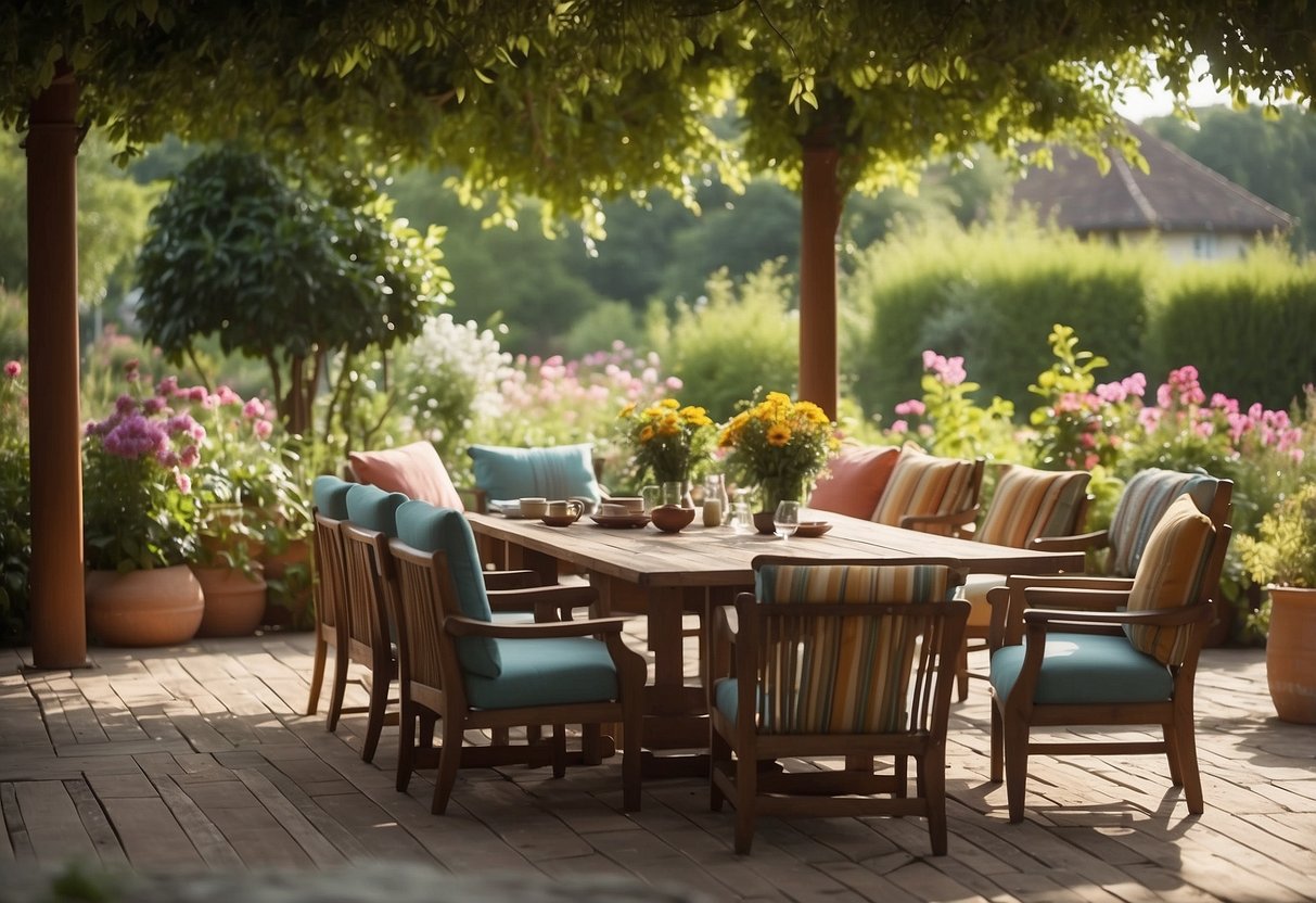 A wooden table surrounded by chairs, with colorful cushions, set in a lush garden with blooming flowers and a peaceful atmosphere