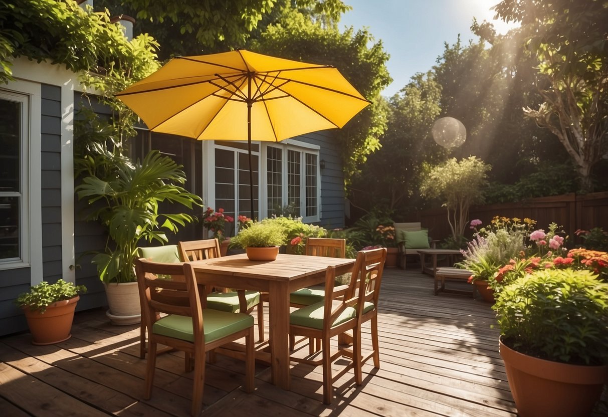 A sunny backyard with a wooden table, chairs, and a colorful umbrella. Lush greenery surrounds the furniture, with potted plants adding a pop of color