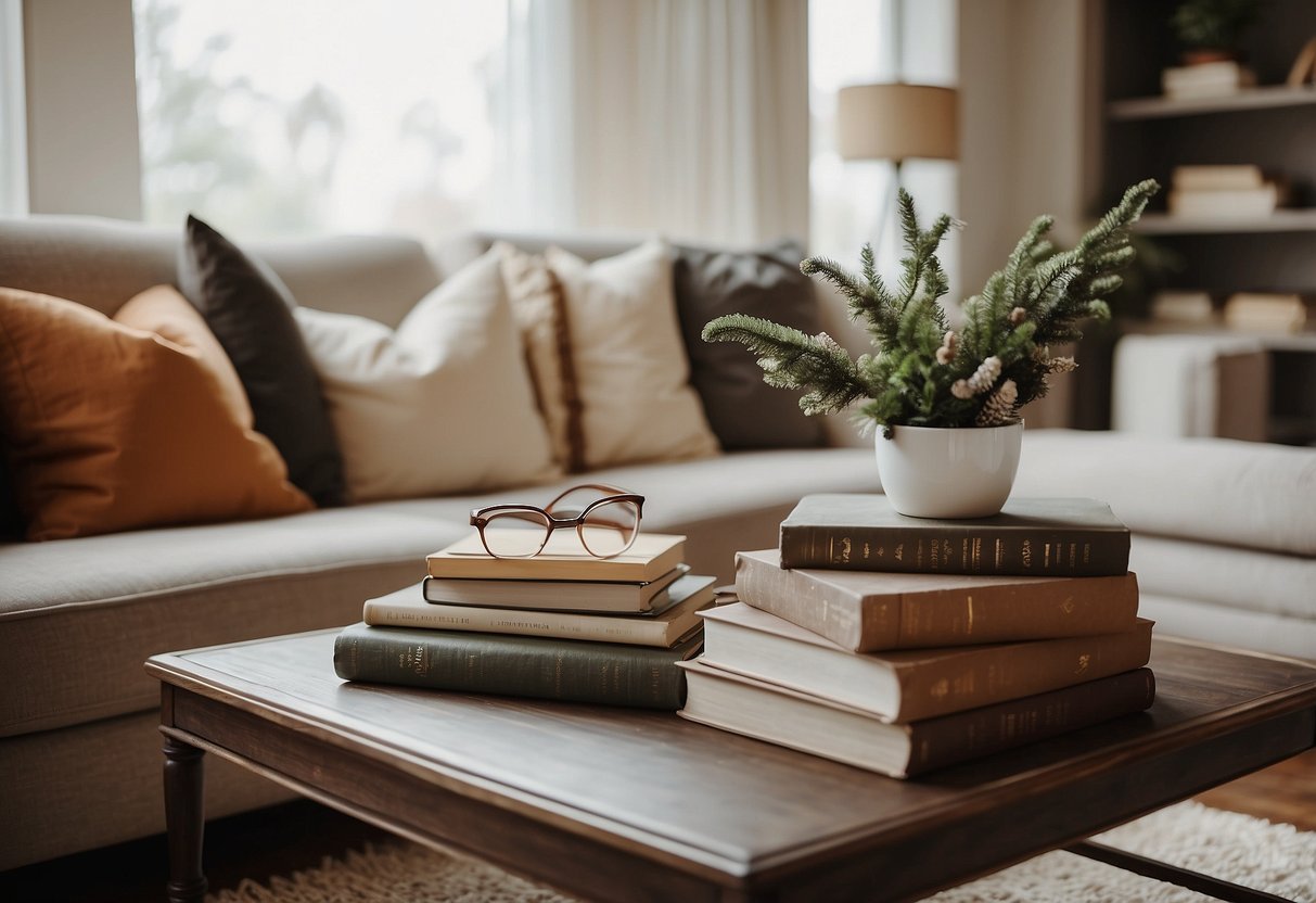 A cozy living room with a plush sofa, soft throw pillows, and a warm, inviting color scheme. A coffee table with a stack of books and a soft rug completes the scene