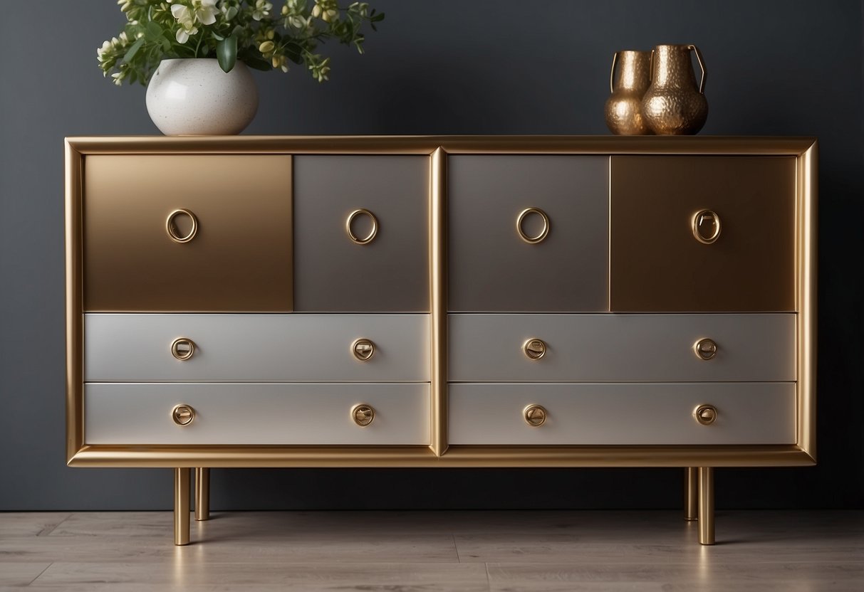 A furniture cabinet with sleek metal hardware, polished knobs, and elegant handles