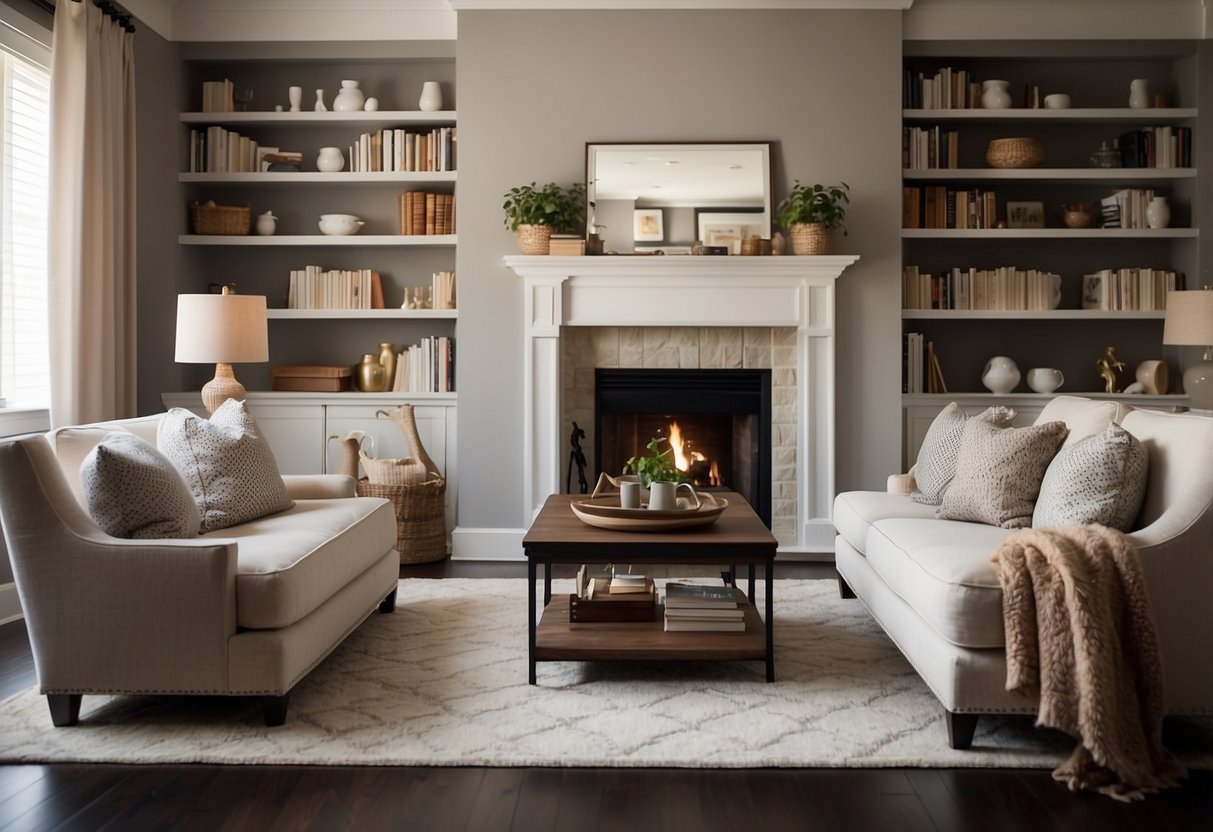 A cozy living room with a plush sofa, a soft area rug, and a coffee table surrounded by comfortable armchairs. Shelves lined with books and decorative items add a personal touch