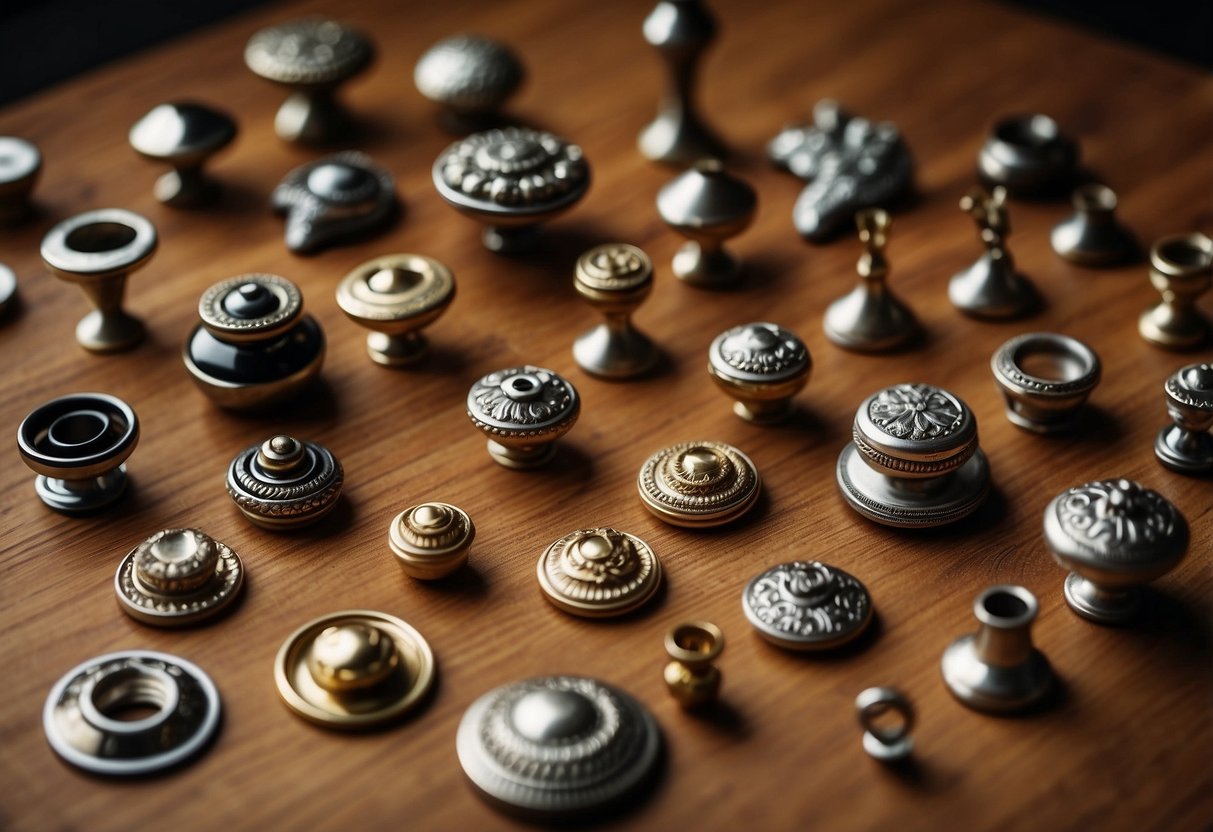 A close-up view of various cabinet hardware, including knobs, handles, and hinges, arranged neatly on a wooden surface