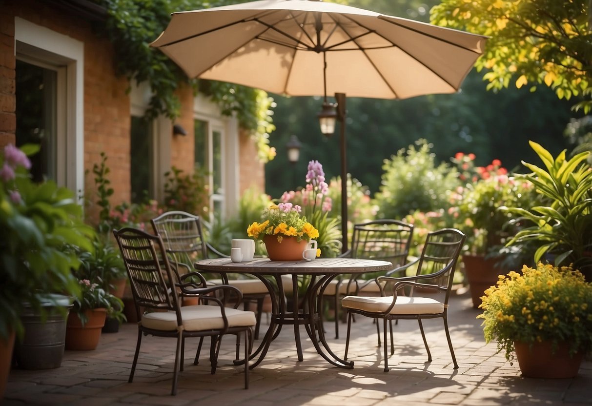 A cozy outdoor patio set, with a table and chairs, surrounded by lush green plants and colorful flowers. The sun is shining, and a gentle breeze rustles the leaves
