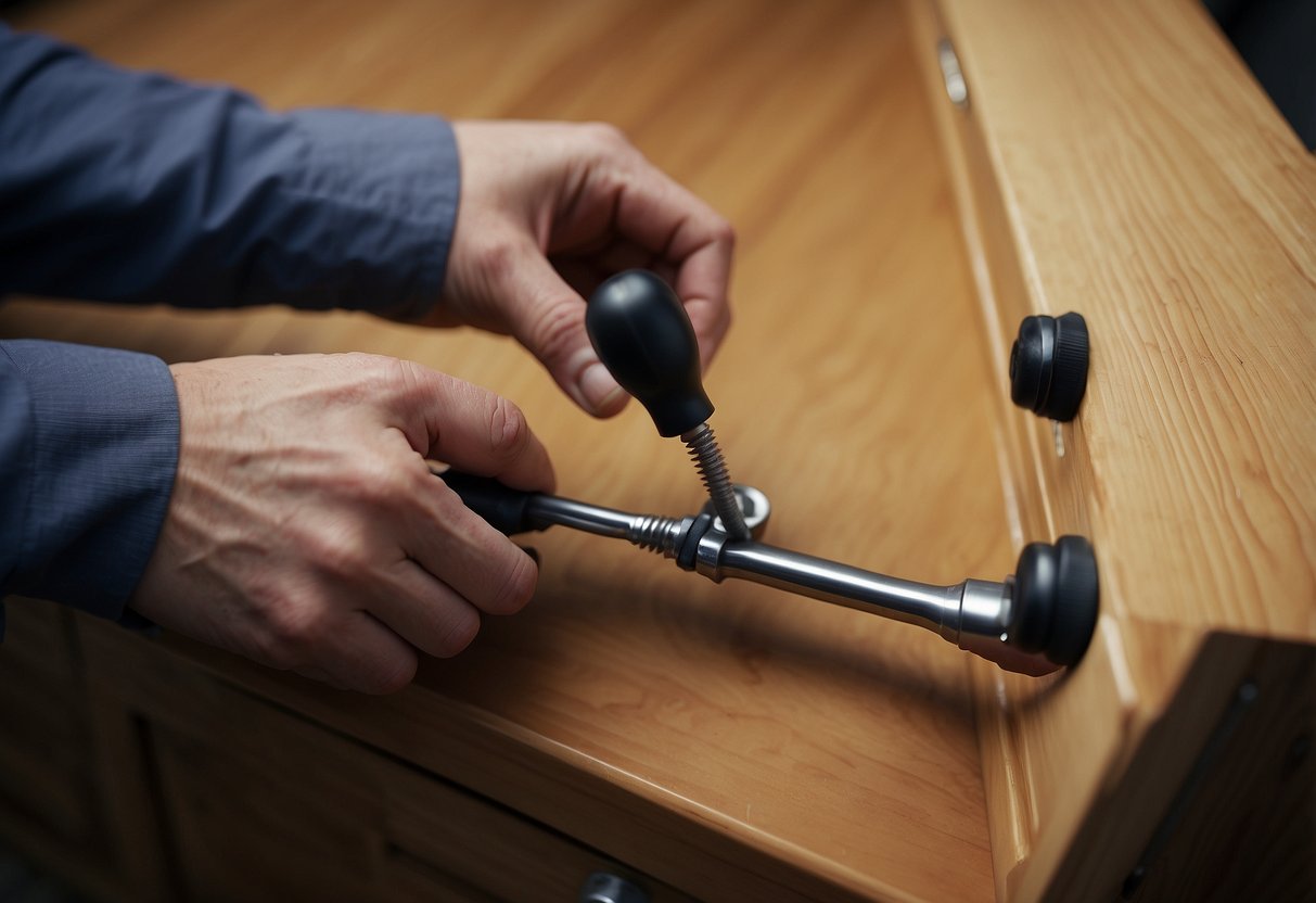 A sleek, modern cabinet handle being installed onto a wooden cabinet, with a screwdriver and screws nearby