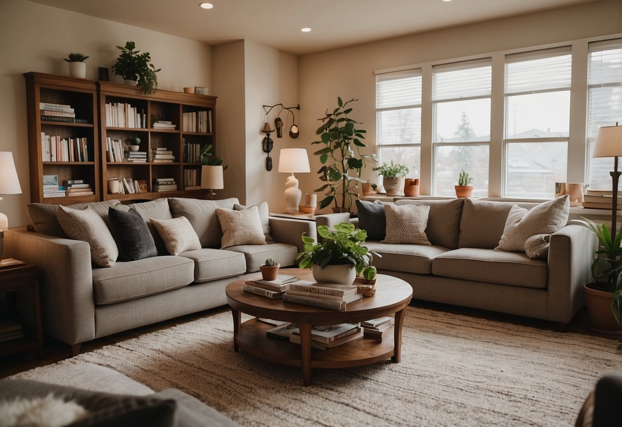 A cozy living room with plush sofas, a warm rug, and a coffee table adorned with magazines and a potted plant. A bookshelf filled with books and decorative knick-knacks completes the inviting space