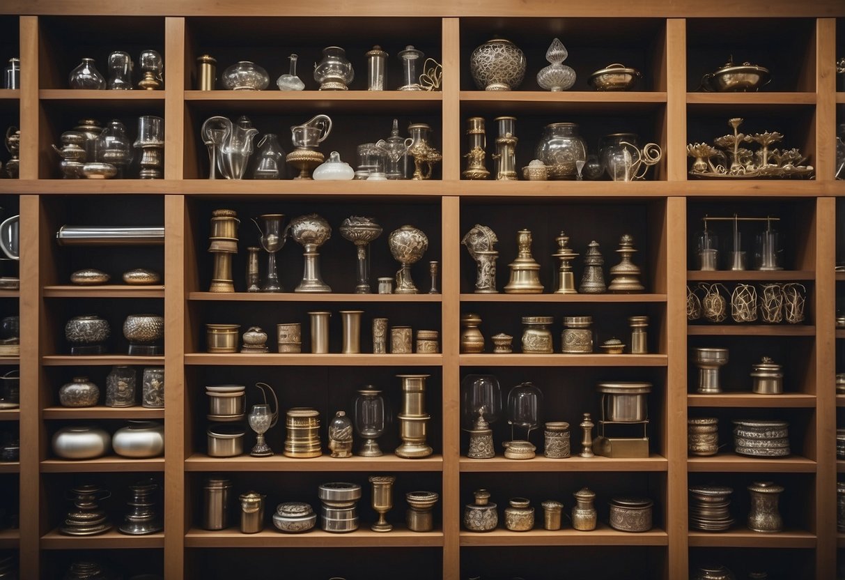 A collection of various cabinet hardware items neatly organized on shelves and displayed in a showroom setting