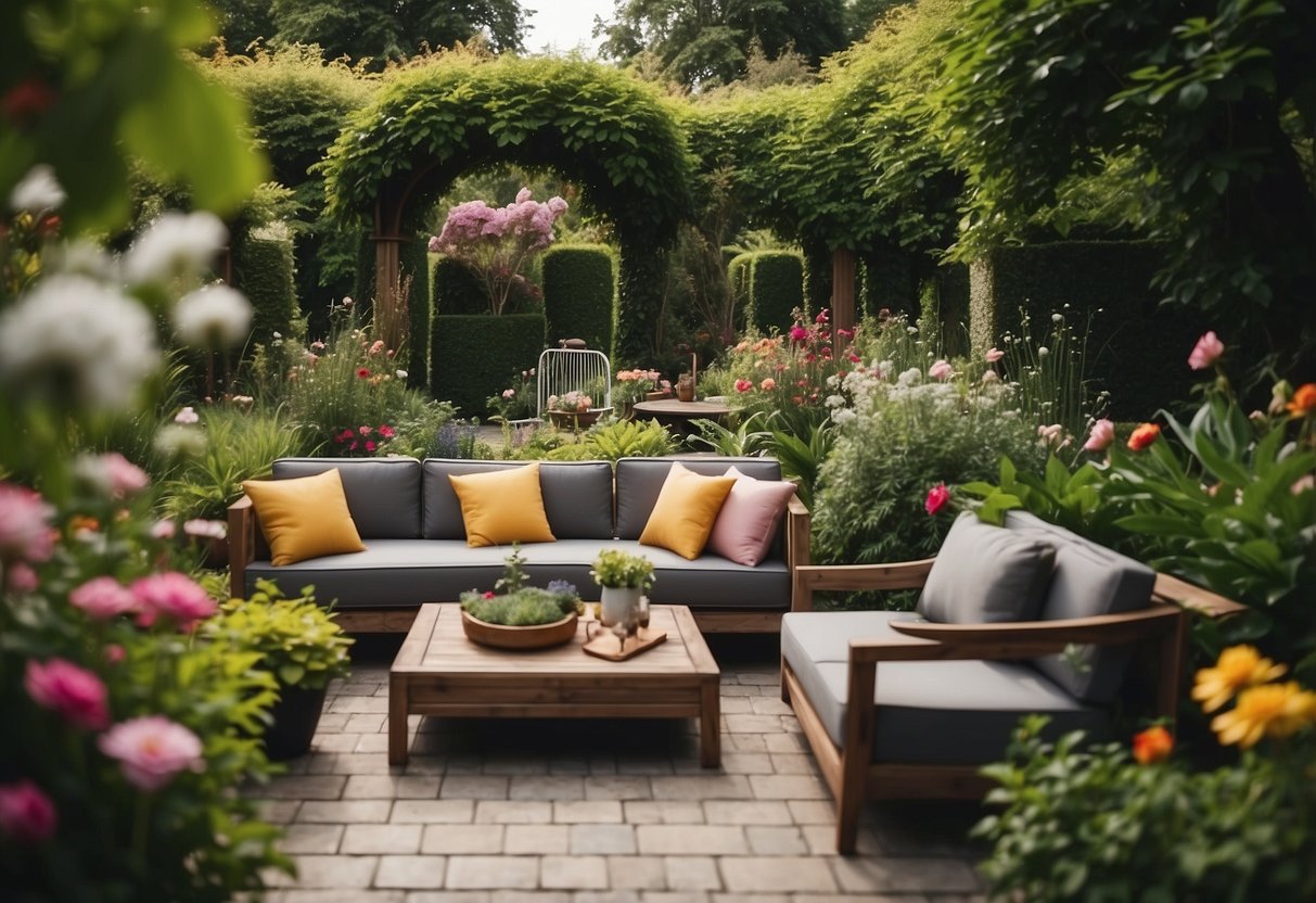 A garden with various furniture pieces arranged neatly, surrounded by lush greenery and colorful flowers