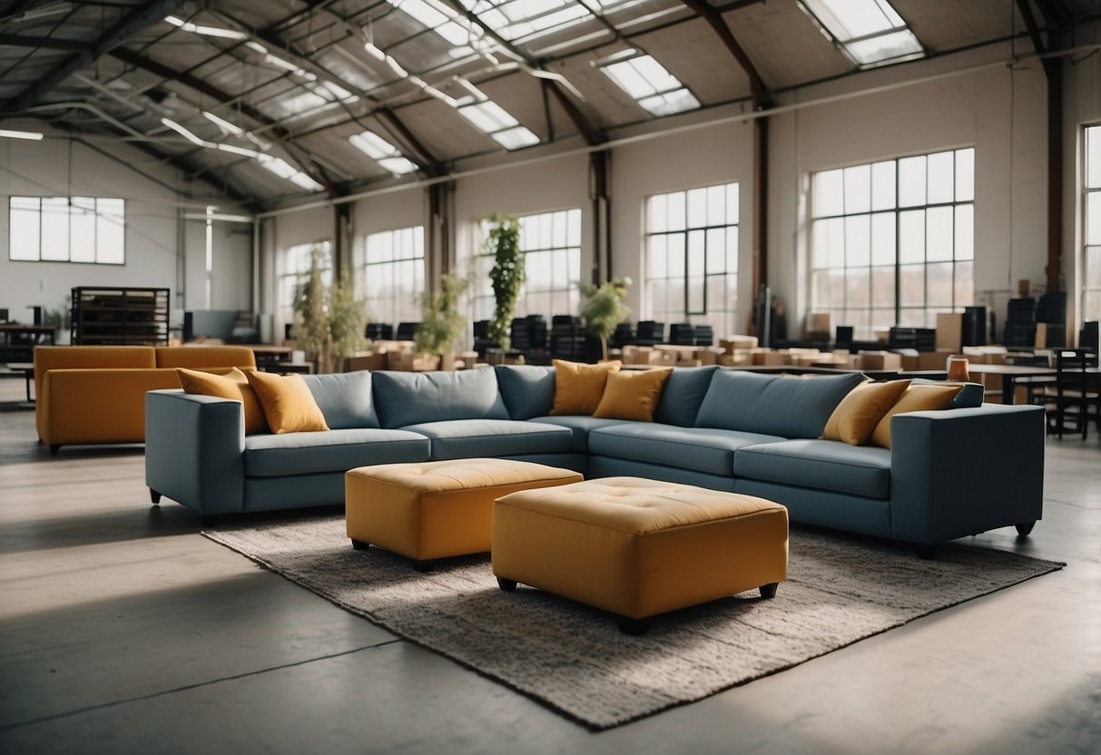 A spacious contemporary furniture warehouse with rows of sleek, minimalist sofas and tables, bathed in natural light from large windows