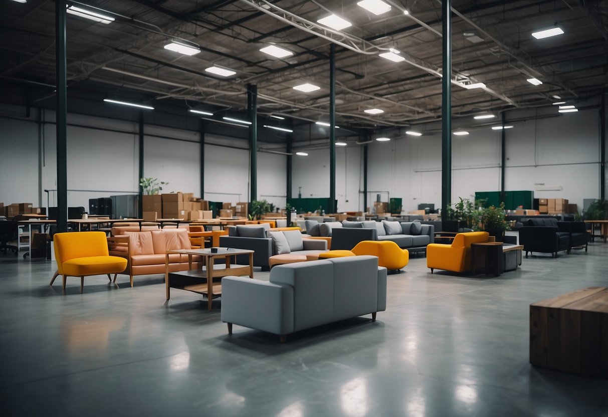 A spacious warehouse filled with sleek, minimalist furniture in various styles and colors. Clean lines and modern designs create a visually appealing and trendy atmosphere