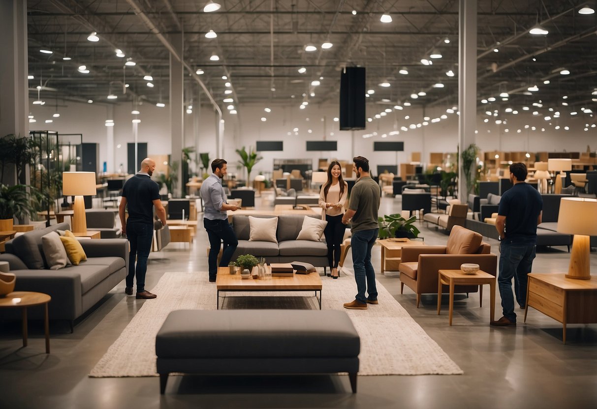 Customers browse modern furniture displays in a spacious, well-lit warehouse. Service staff assist with inquiries and purchases