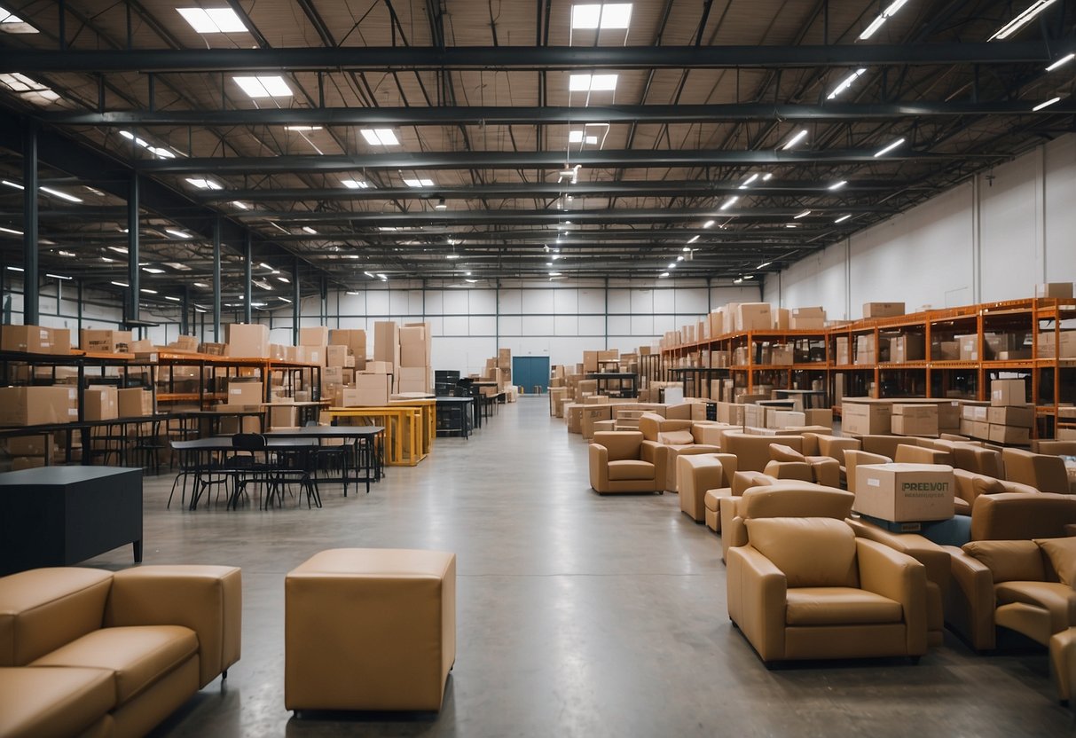 A spacious warehouse filled with modern furniture displays and signage for "Frequently Asked Questions."