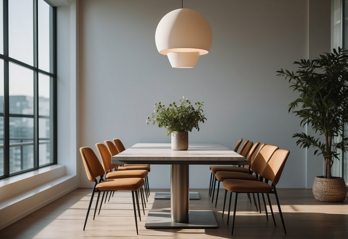 A sleek, modern table sits in a well-lit room, surrounded by minimalist chairs. The table's clean lines and smooth surface showcase its elegant design