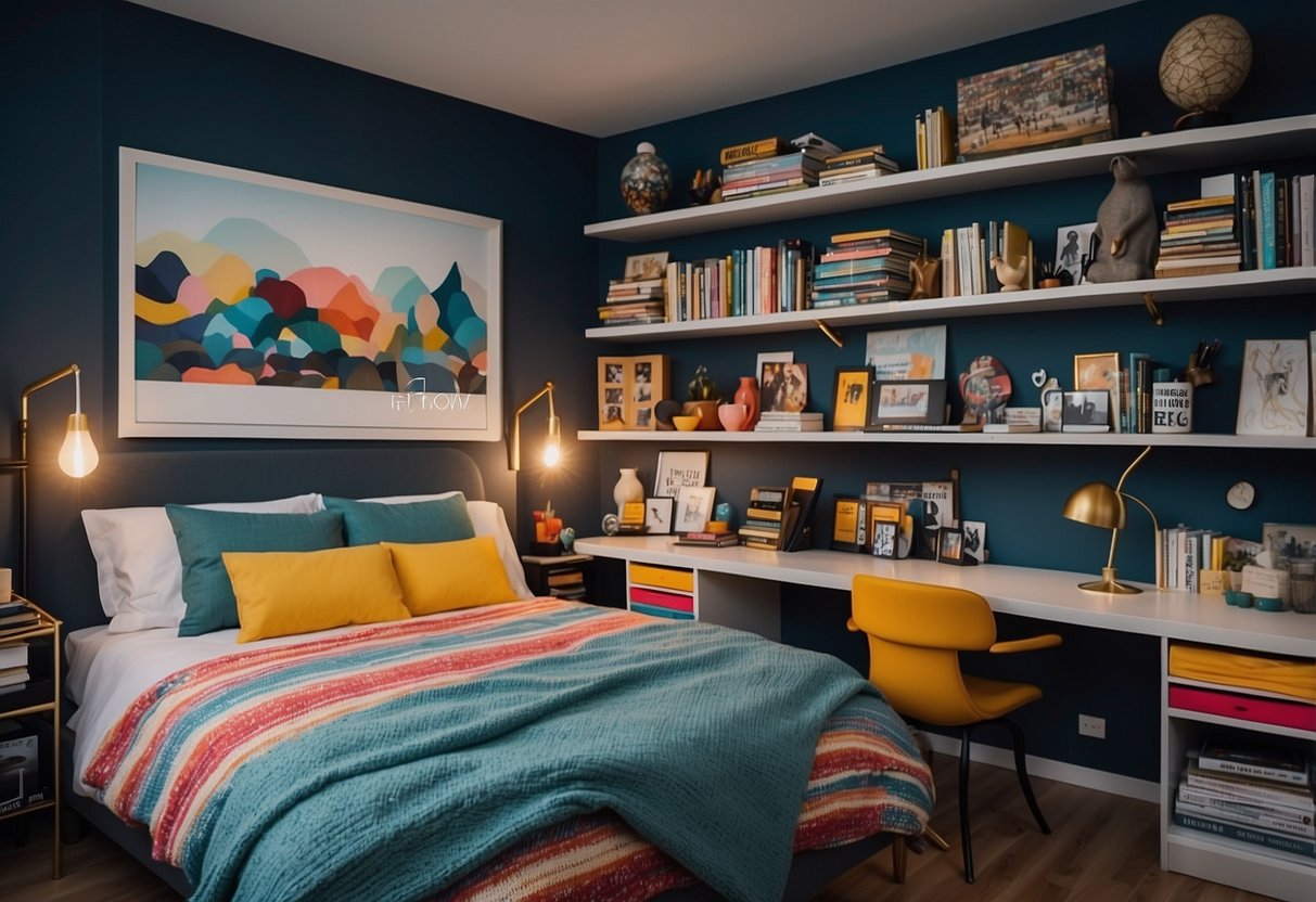 A modern, colorful bedroom with a unique, custom-made bed, a stylish desk, and shelves filled with art supplies and books