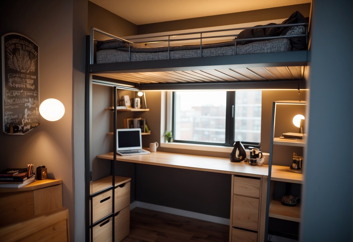 A loft bed with built-in storage, a wall-mounted desk, and a foldable chair maximize space in a small bedroom