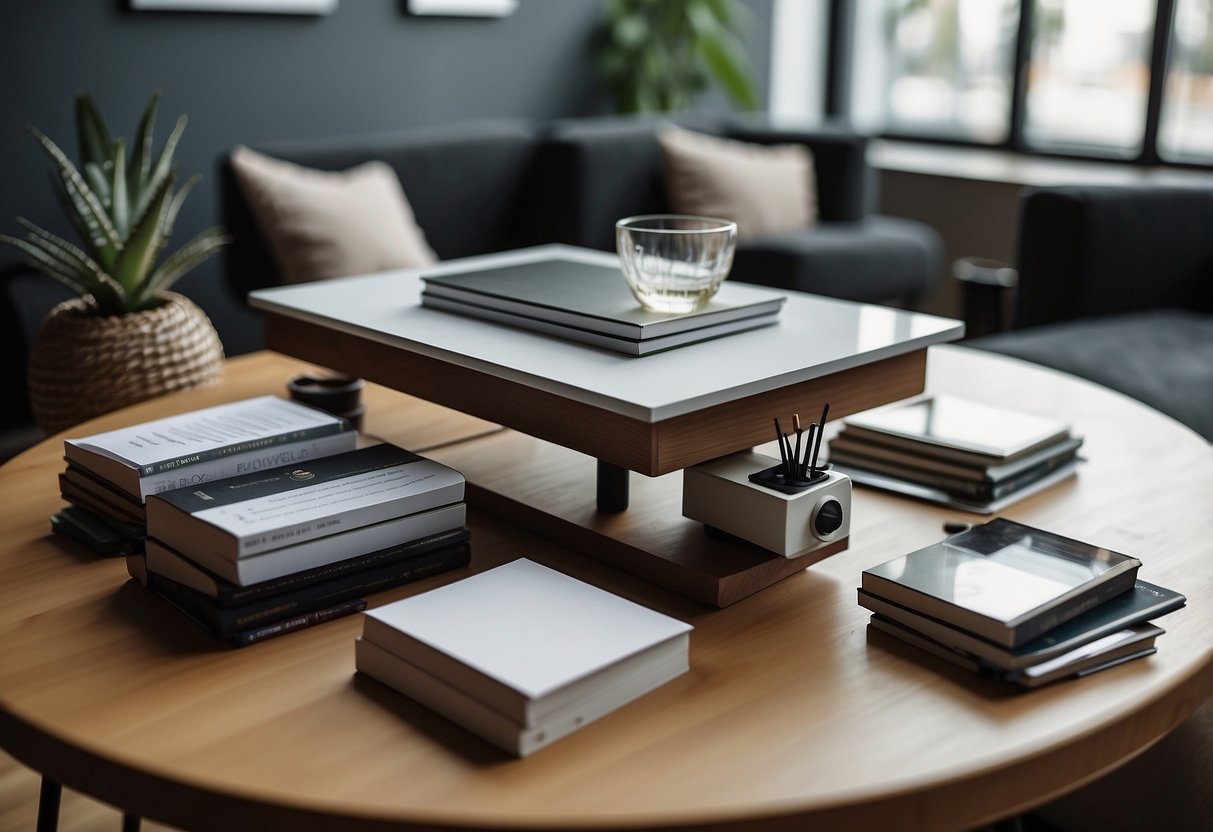 A sleek, modern table stands in a well-lit room, surrounded by various furniture design sketches and materials