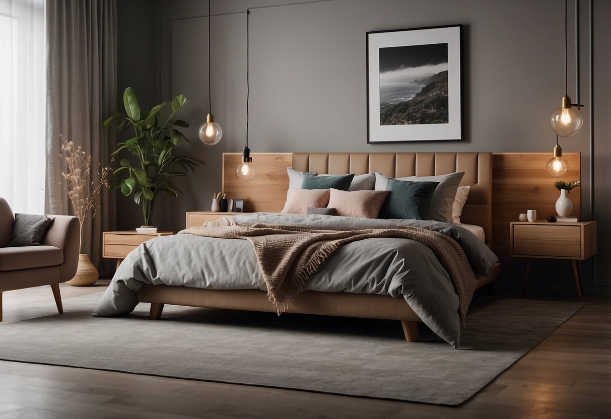 A cozy bedroom with modern furniture and decorative accessories creating a stylish and inviting atmosphere