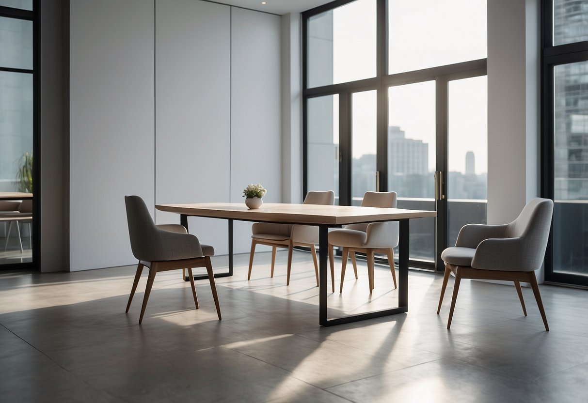 A spacious, well-lit room with a modern, minimalist table design. The table is sleek and rectangular, with clean lines and a neutral color palette