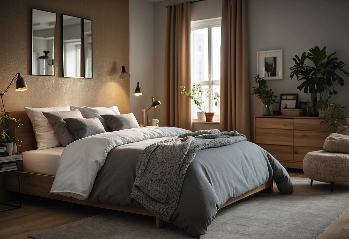A cozy bedroom with unique and stylish furniture pieces arranged in a creative and functional manner. The room exudes a sense of comfort and individuality