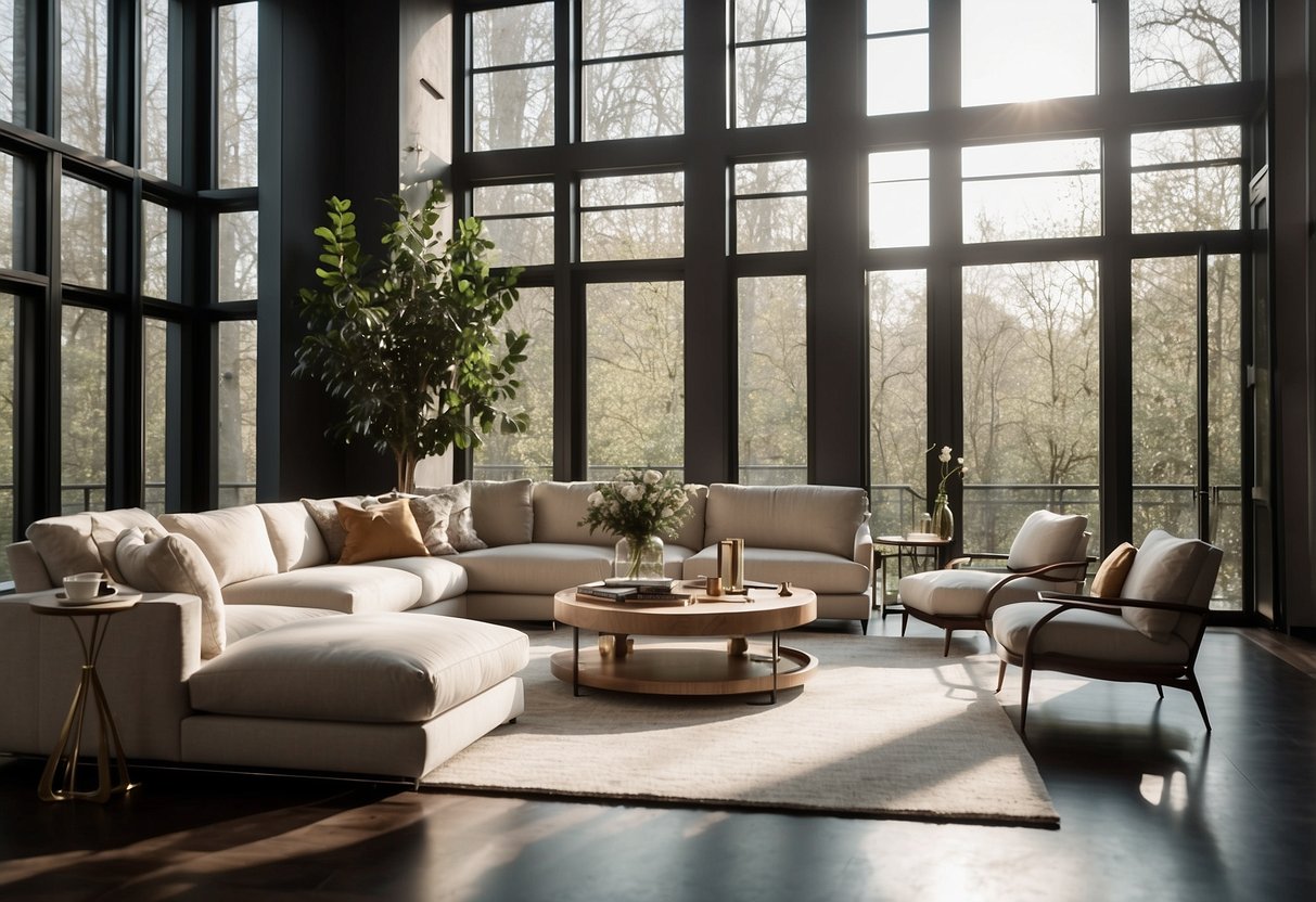 Elegant custom furniture fills a spacious, sunlit living room with modern, sleek lines and luxurious materials