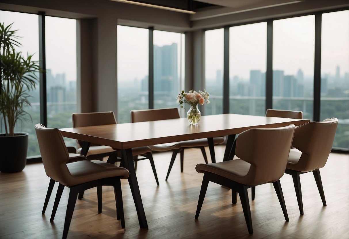 A sleek, modern table surrounded by various furniture design elements