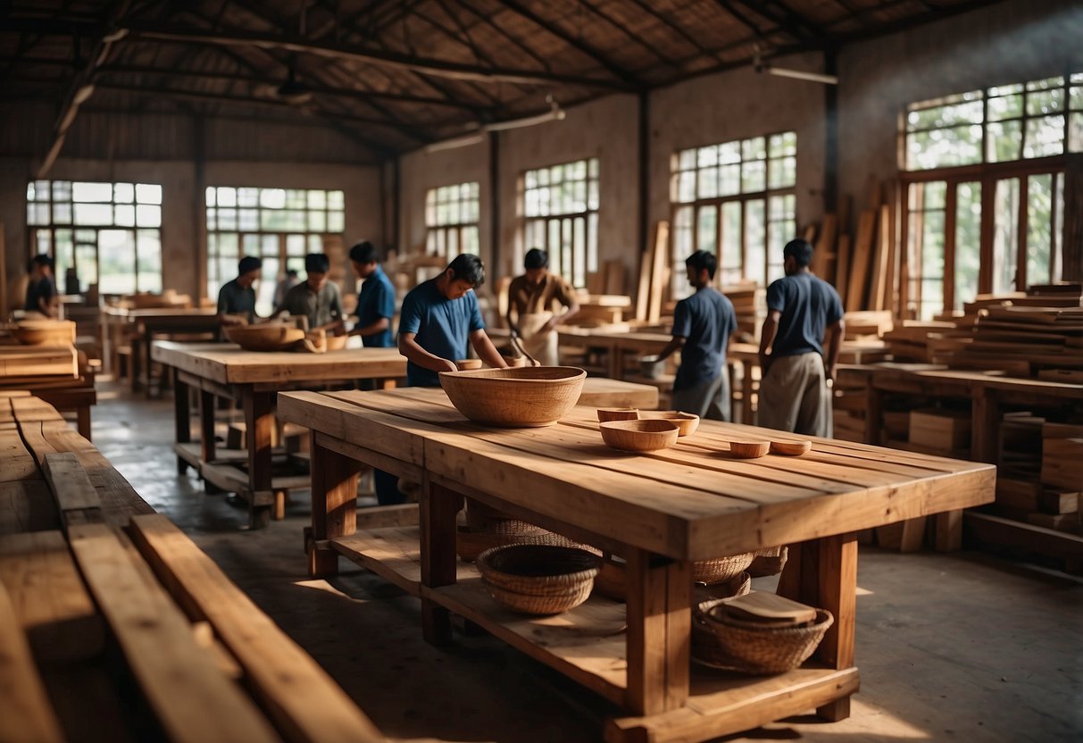 A workshop filled with the aroma of freshly cut Burma teak wood, where skilled artisans meticulously craft elegant furniture pieces