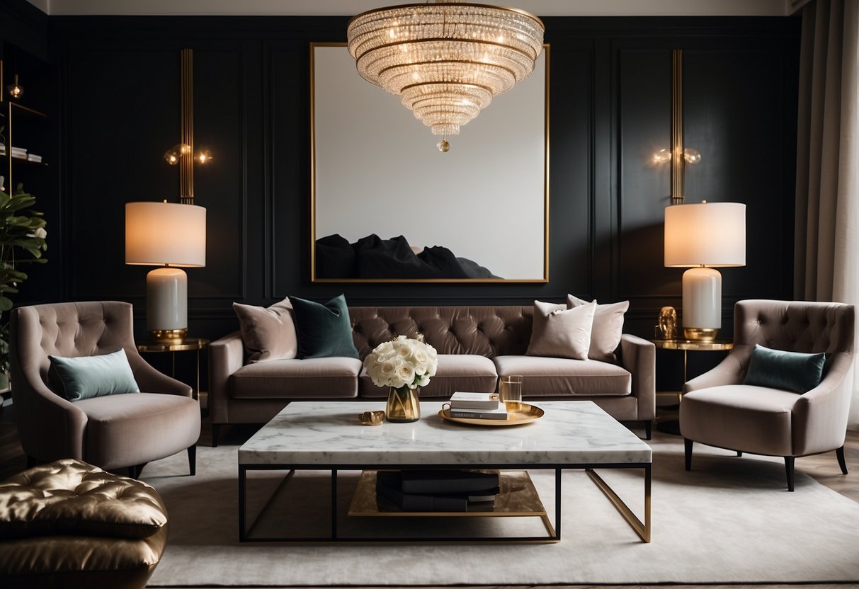 A sleek, modern living room with custom luxury furniture, featuring a plush velvet sofa, a marble-topped coffee table, and a statement chandelier