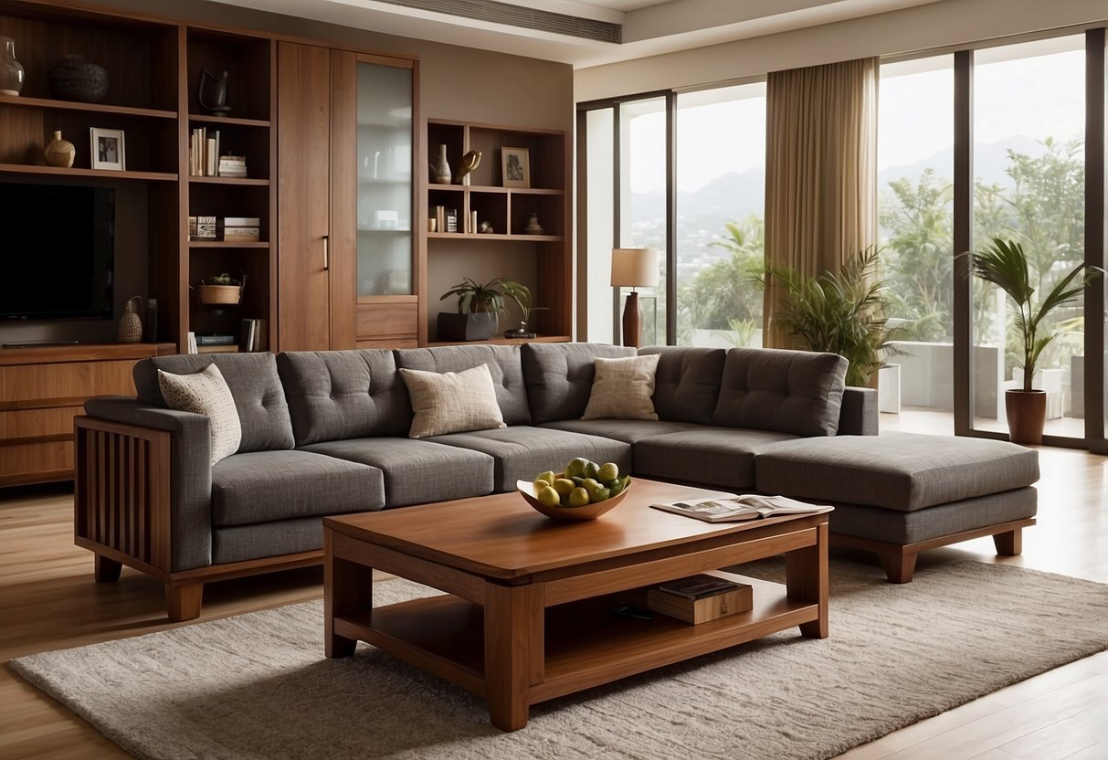 A modern living room with burma teak furniture, featuring clean lines and smooth surfaces. The furniture is well-maintained and polished, with a warm, rich color that complements the room's decor