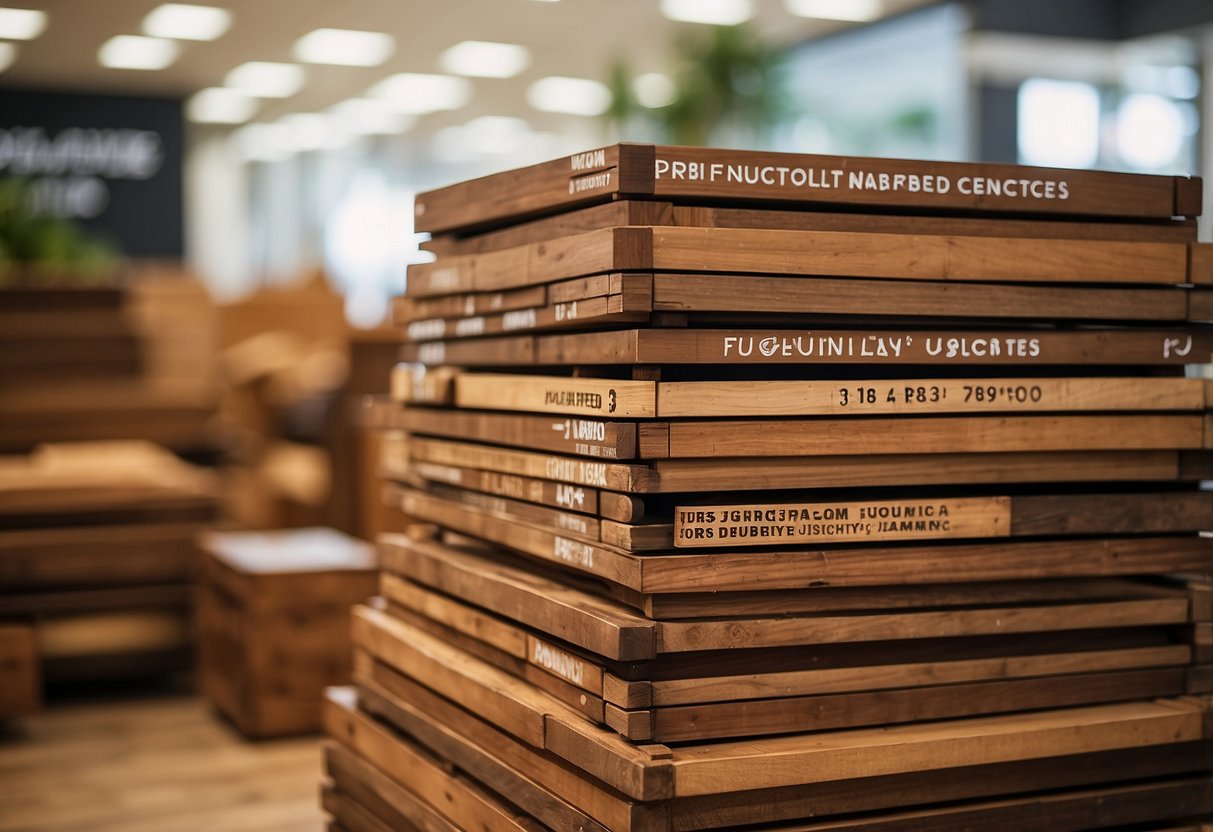 A stack of burma teak wood furniture pieces with a sign reading "Frequently Asked Questions" in a showroom setting