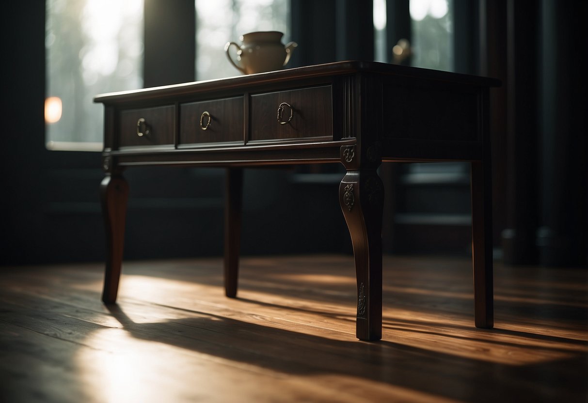 The dark wood furniture stood in the dimly lit room, casting long shadows across the floor