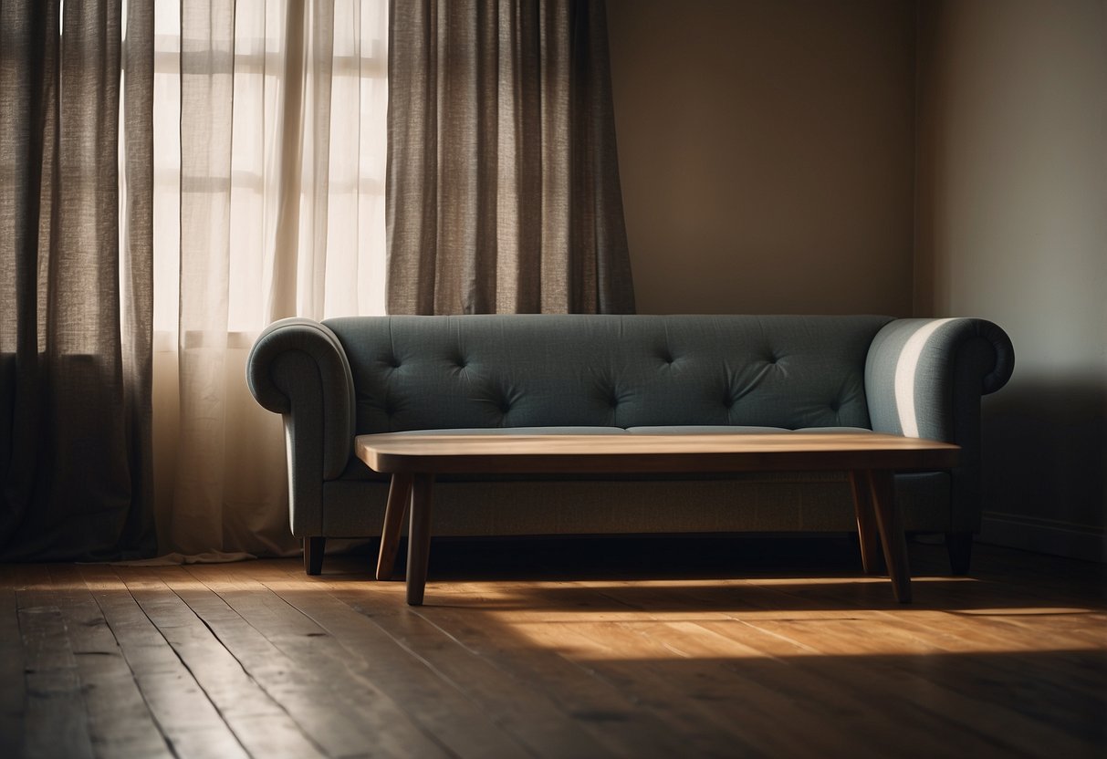A worn-out couch and a chipped coffee table sit in a dimly lit room, surrounded by faded curtains and scuffed hardwood floors