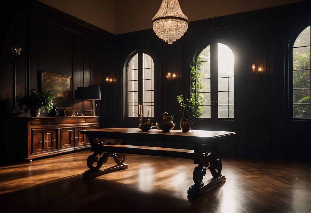 A dimly lit room with rich, dark wood furniture. Shadows play across the polished surfaces, creating an atmosphere of mystery and elegance