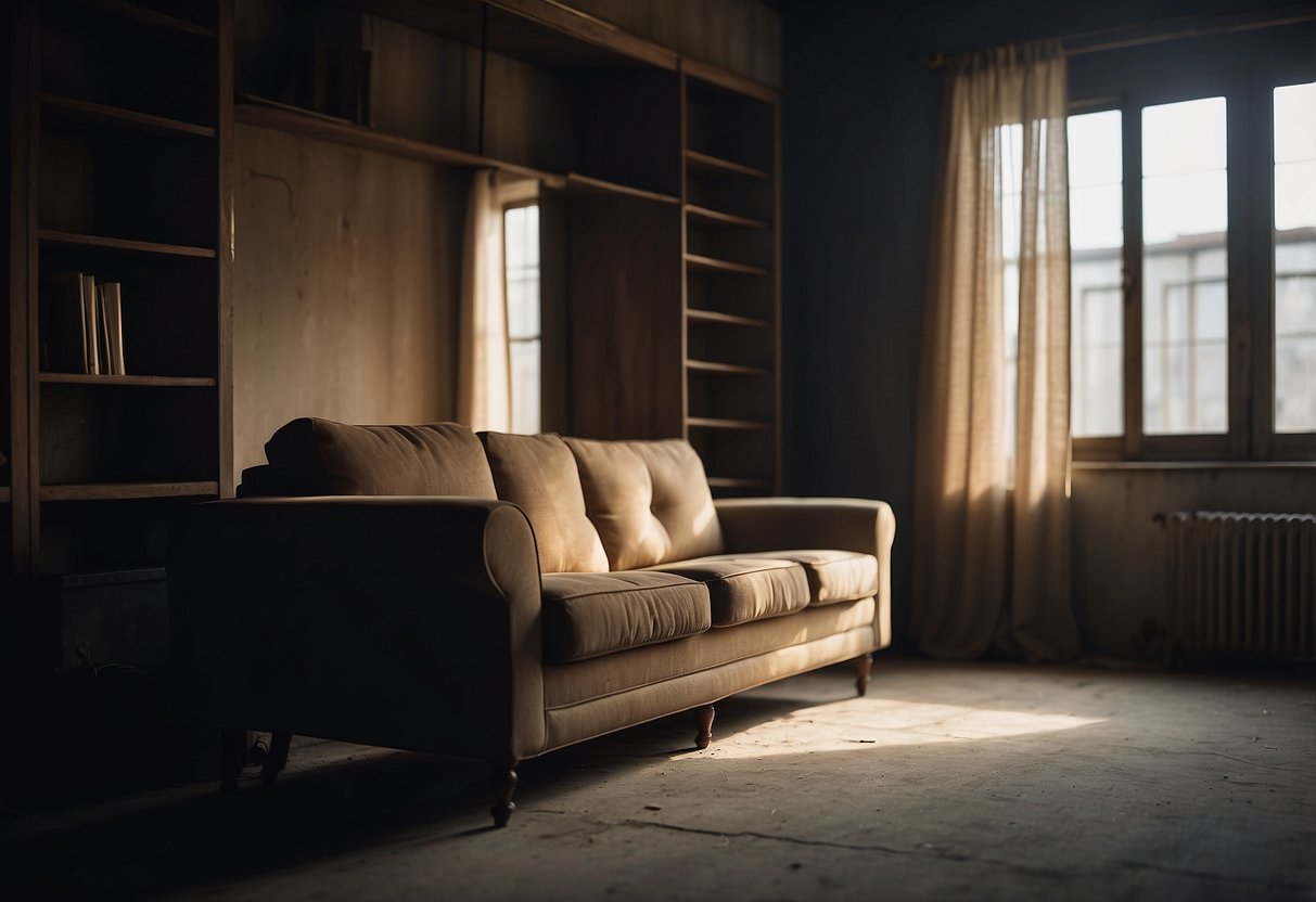 A worn-out couch sits in a dimly lit room, surrounded by dusty shelves and faded curtains. The once vibrant colors have faded, and the fabric is frayed in several places